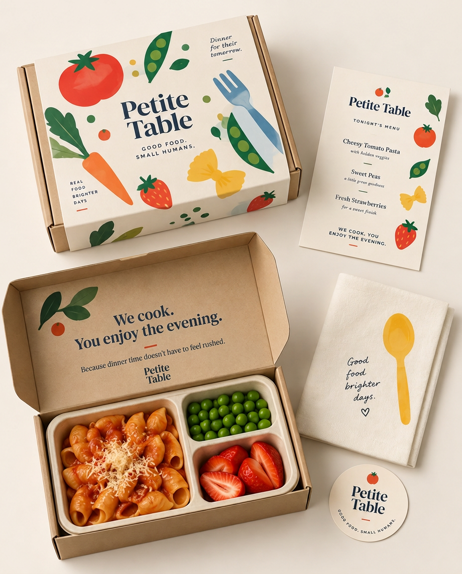 Open Petite Table meal box with tomato pasta, peas and strawberries