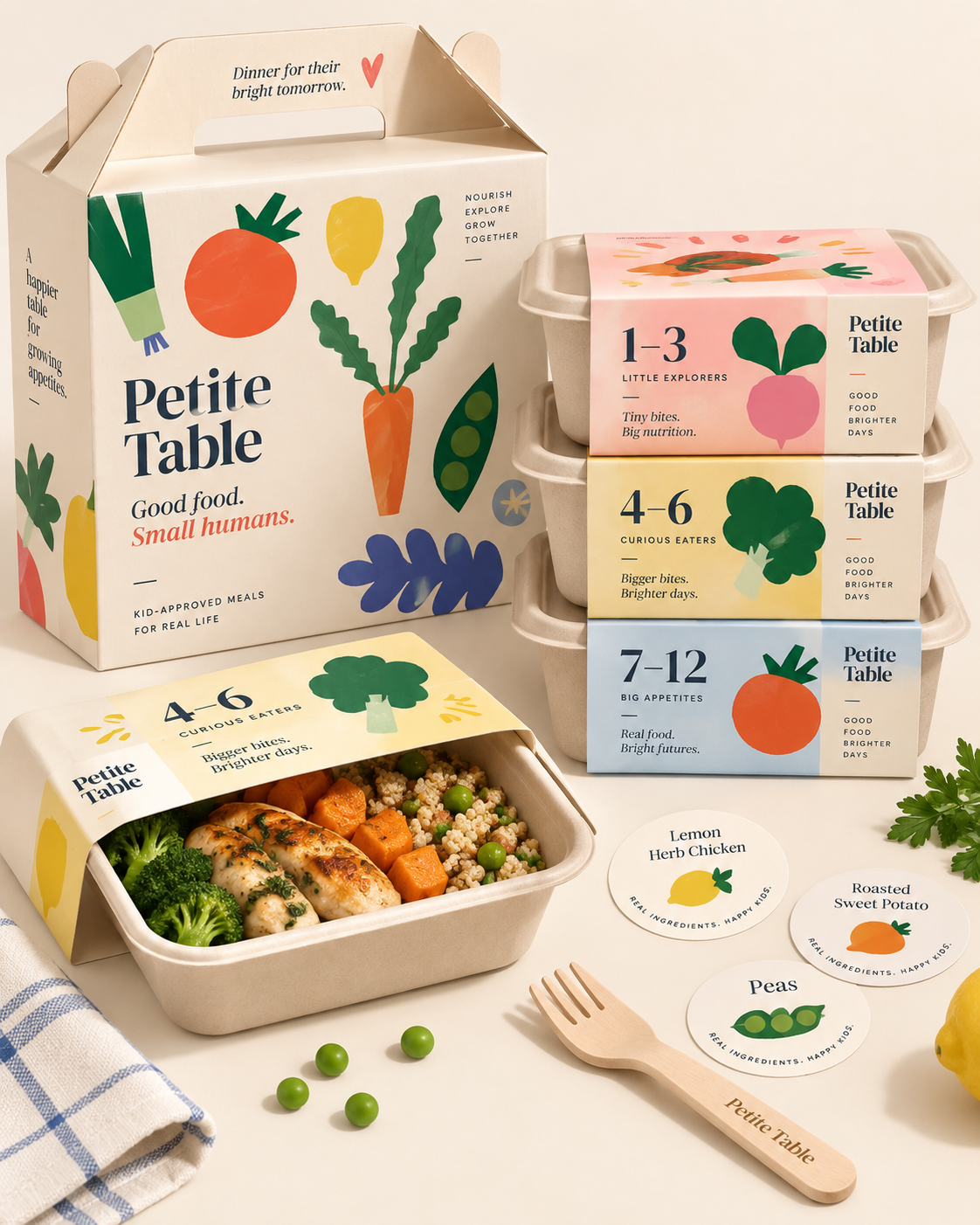 Petite Table packaging concept with colour-coded meals for ages 1–3, 4–6 and 7–12