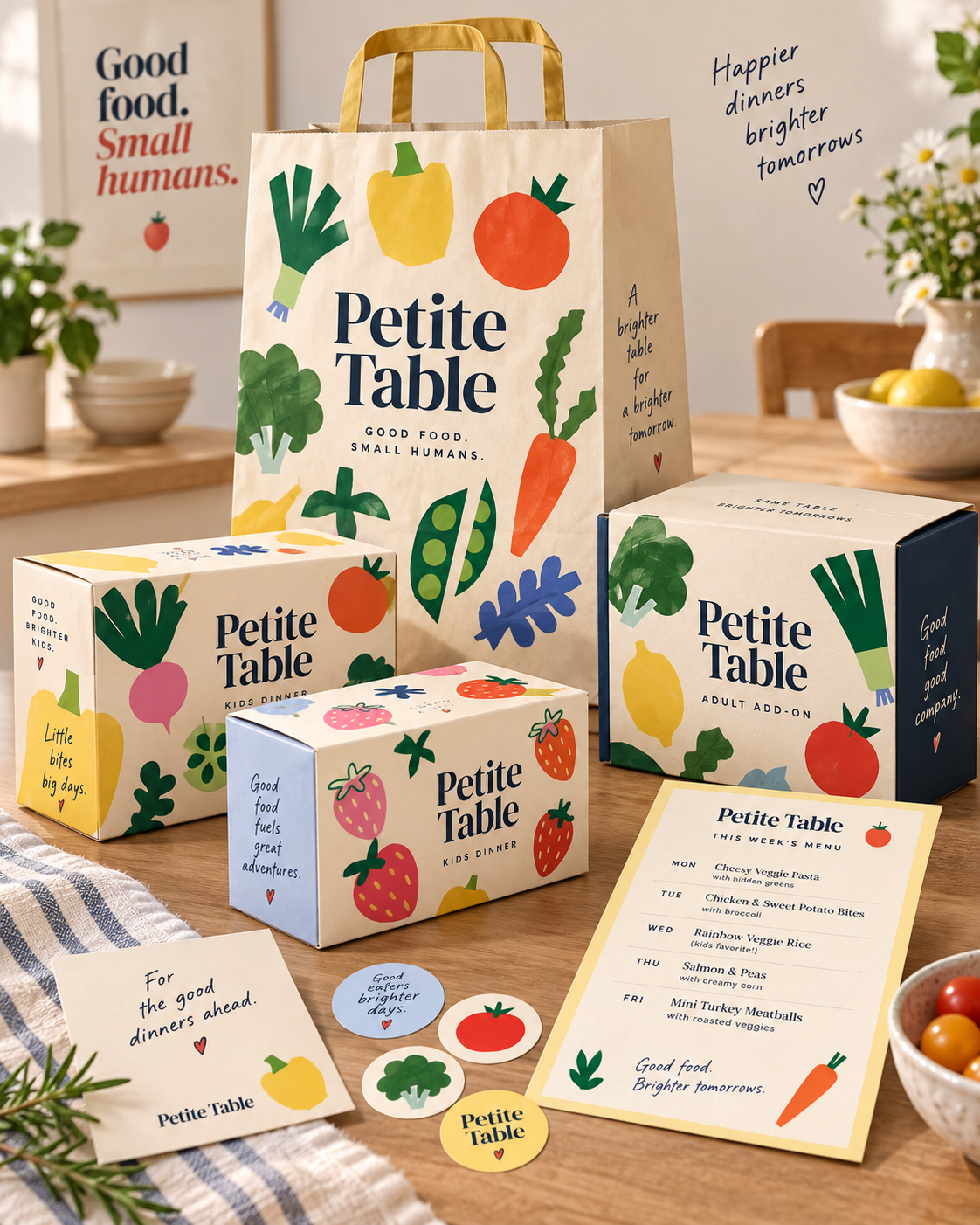Petite Table delivery bag, children's meal boxes, adult add-on and weekly menu concept