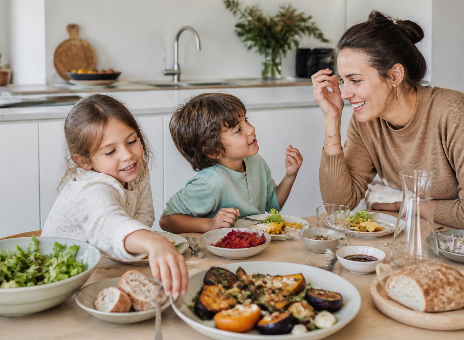A parent sitting at the table with two children over dinner