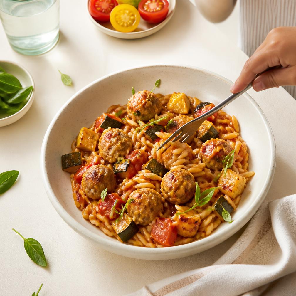 Creamy tomato & roasted vegetable orzo