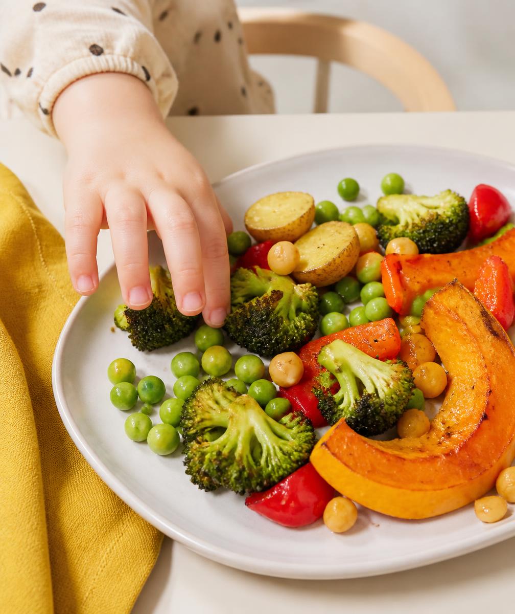 A child's hand reaching for colourful vegetables