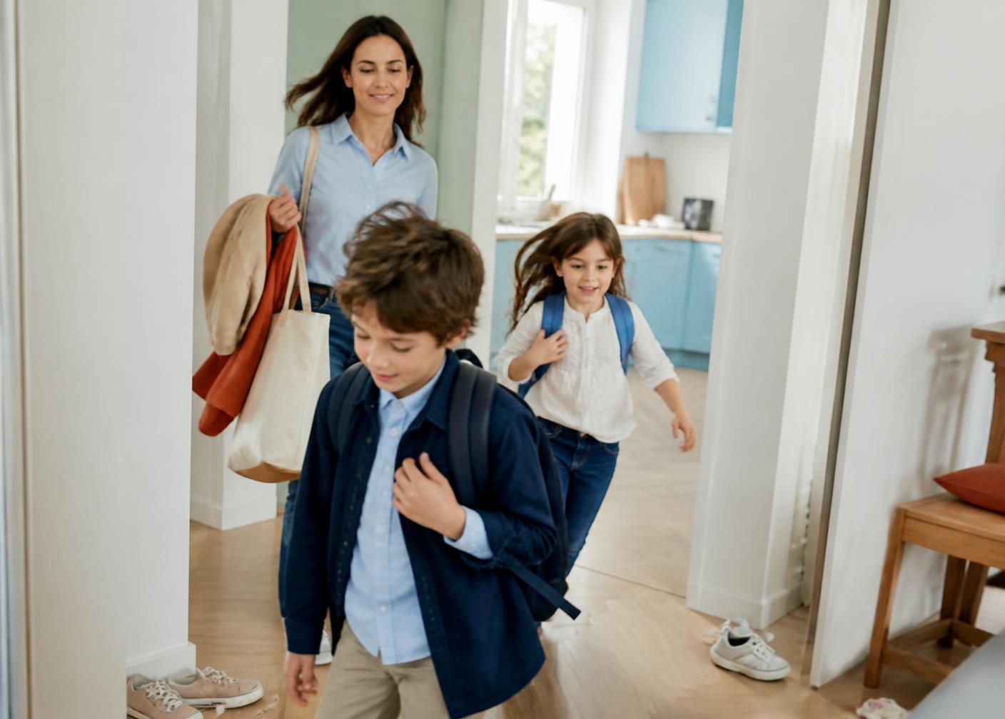 Children arriving home with school bags in a bright hallway