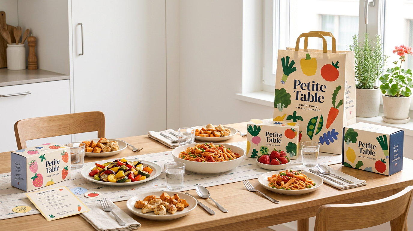 A family table set with freshly prepared Petite Table dinners and meal packaging